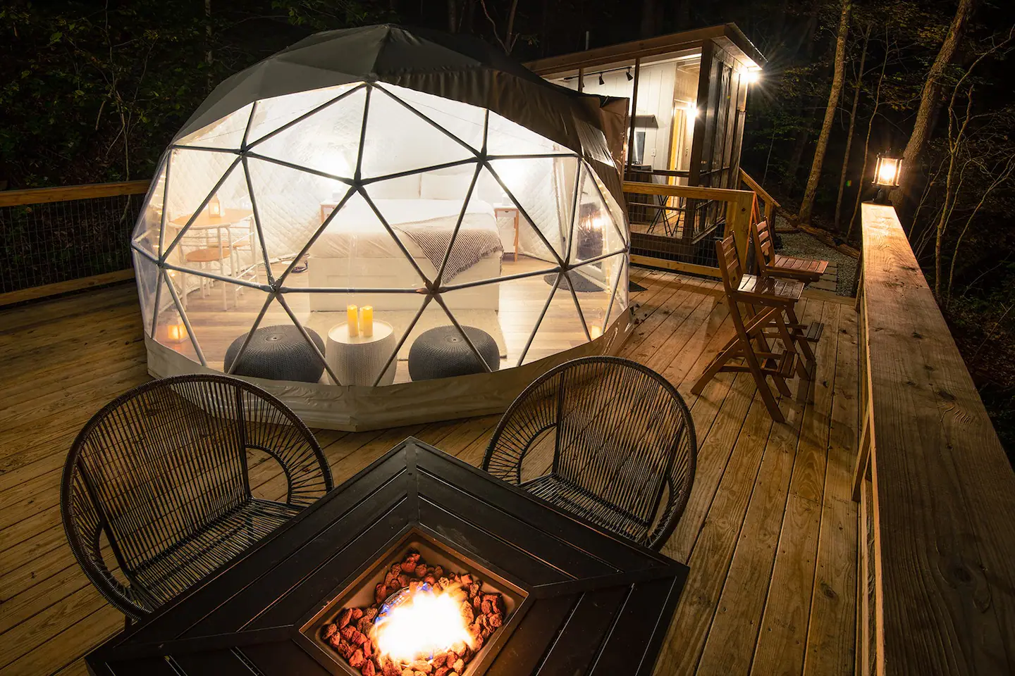 Directly in front of the Tiny Geopod, one of two private gas fire tables.