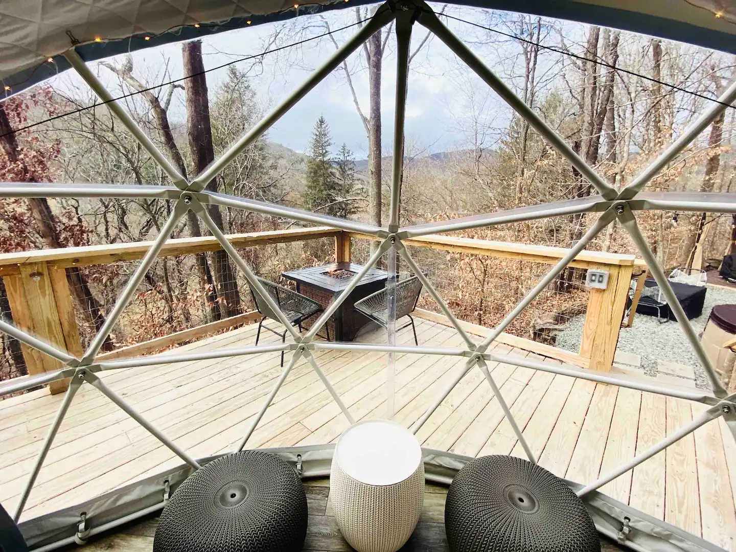 Enjoy the view from the Tiny Geopod while relaxing in the flexible lounge area.