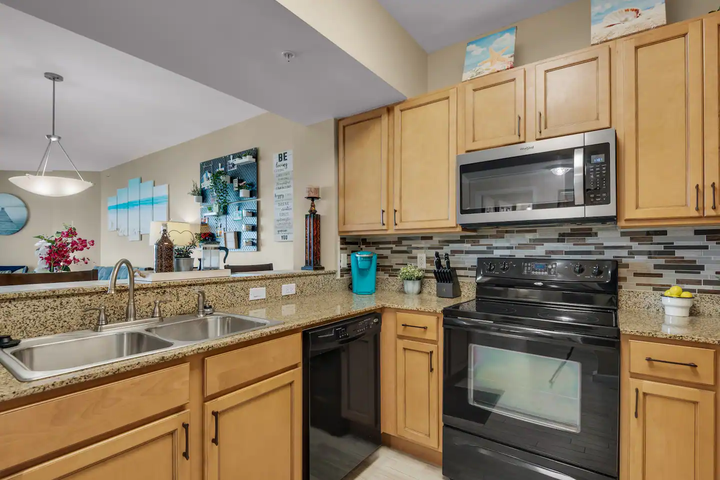 Fully stocked kitchen, including a Keurig coffee maker